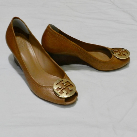 Tory Burch Shoes - Tory Burch Peep Toe Wedge Shoes Cognac